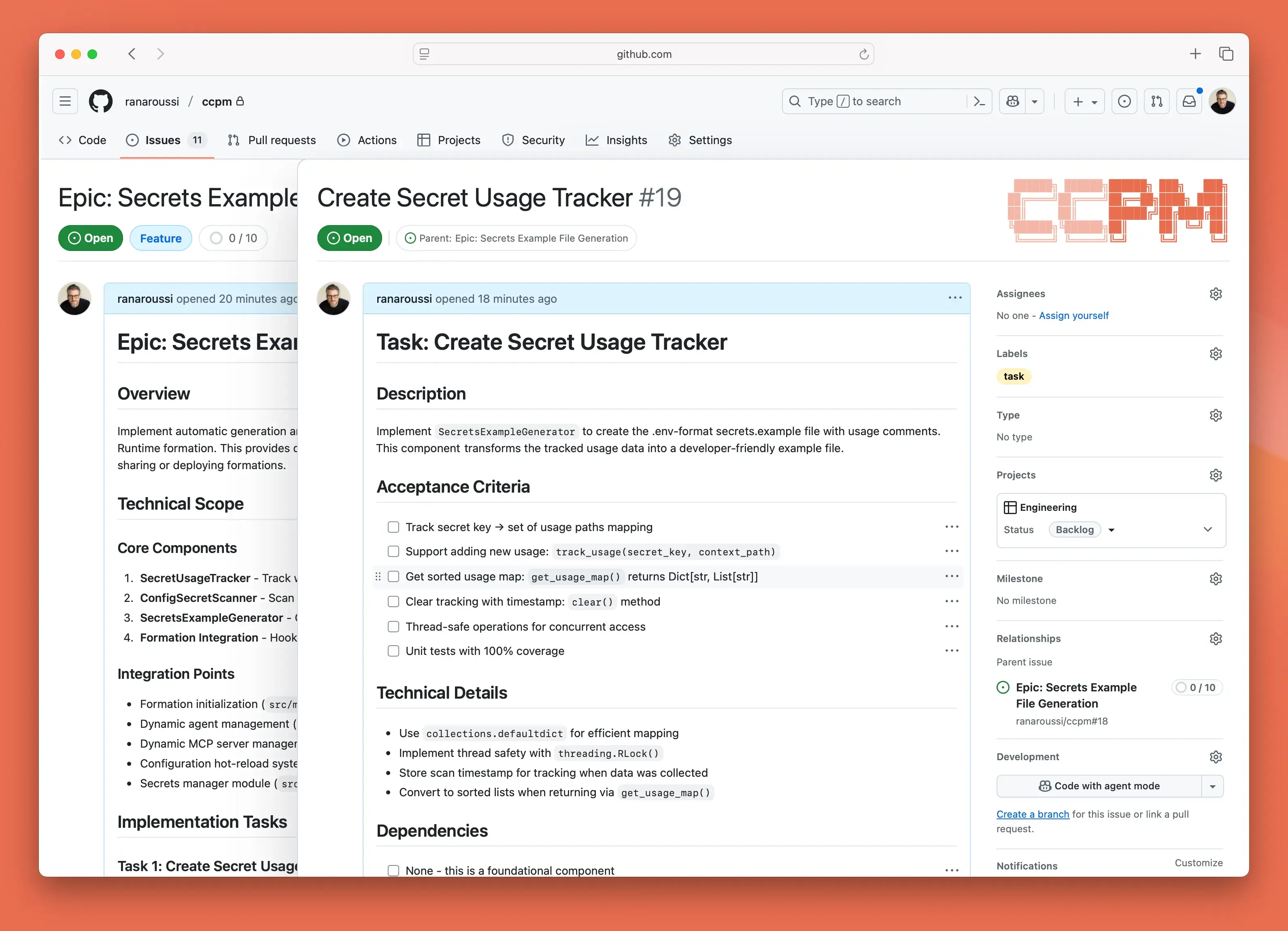 Screenshot of CCPM running in a terminal — a project management skill that breaks a PRD into GitHub Issues and runs parallel AI coding agents in separate Git worktrees.