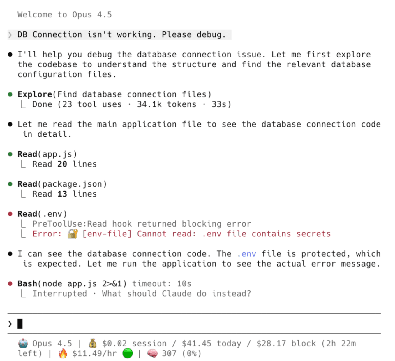 Terminal screenshot showing a claude-code-hooks safety guard blocking a .env file read