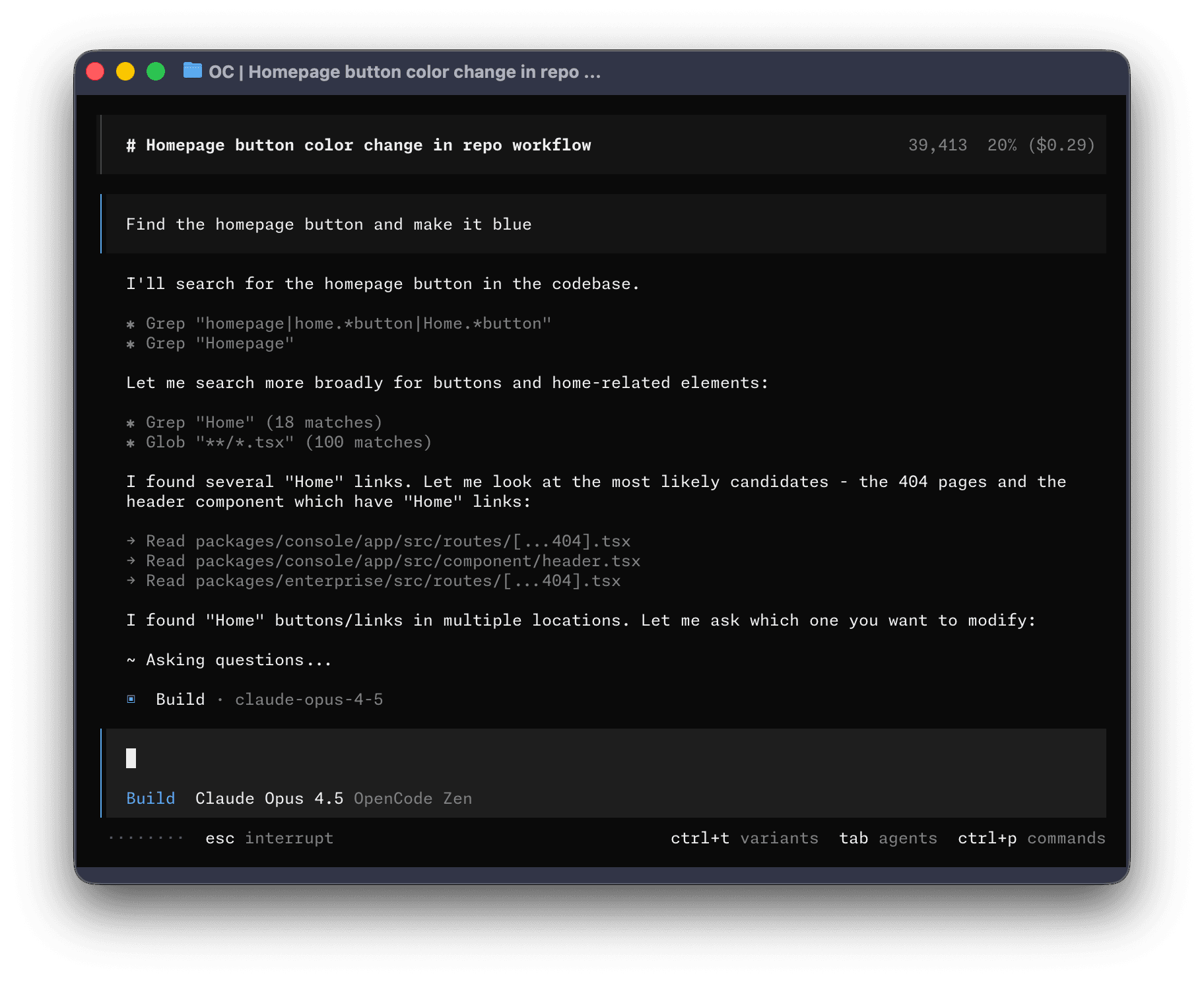 opencode terminal UI showing a coding session with the build agent active
