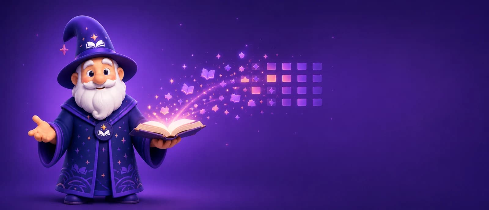Booklin the book-to-skill wizard holding an open book whose pages scatter into sparkles that form an ordered grid