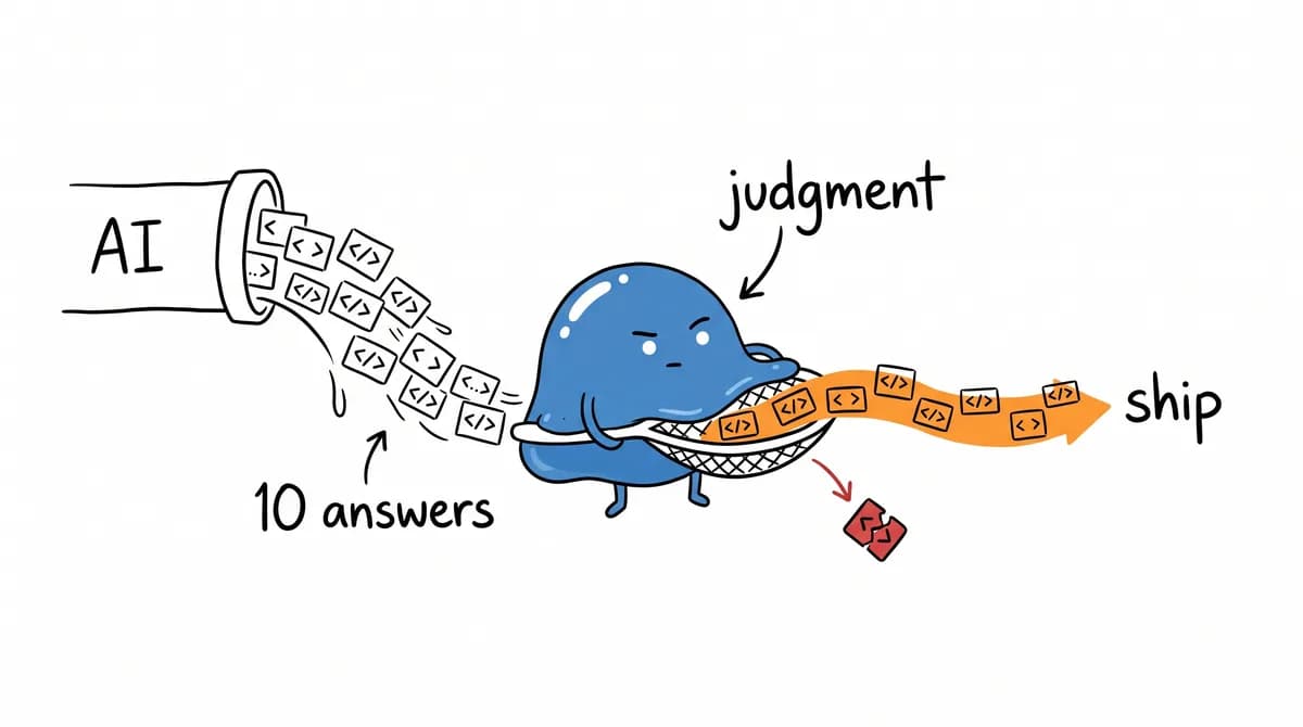 Bloop, a friendly blue slime, becomes a sieve filtering a stream of code blocks pouring from a pipe labeled "AI" and "10 answers", flicking aside one red broken block while the rest flow along an orange arrow to "ship"; labeled "judgment".