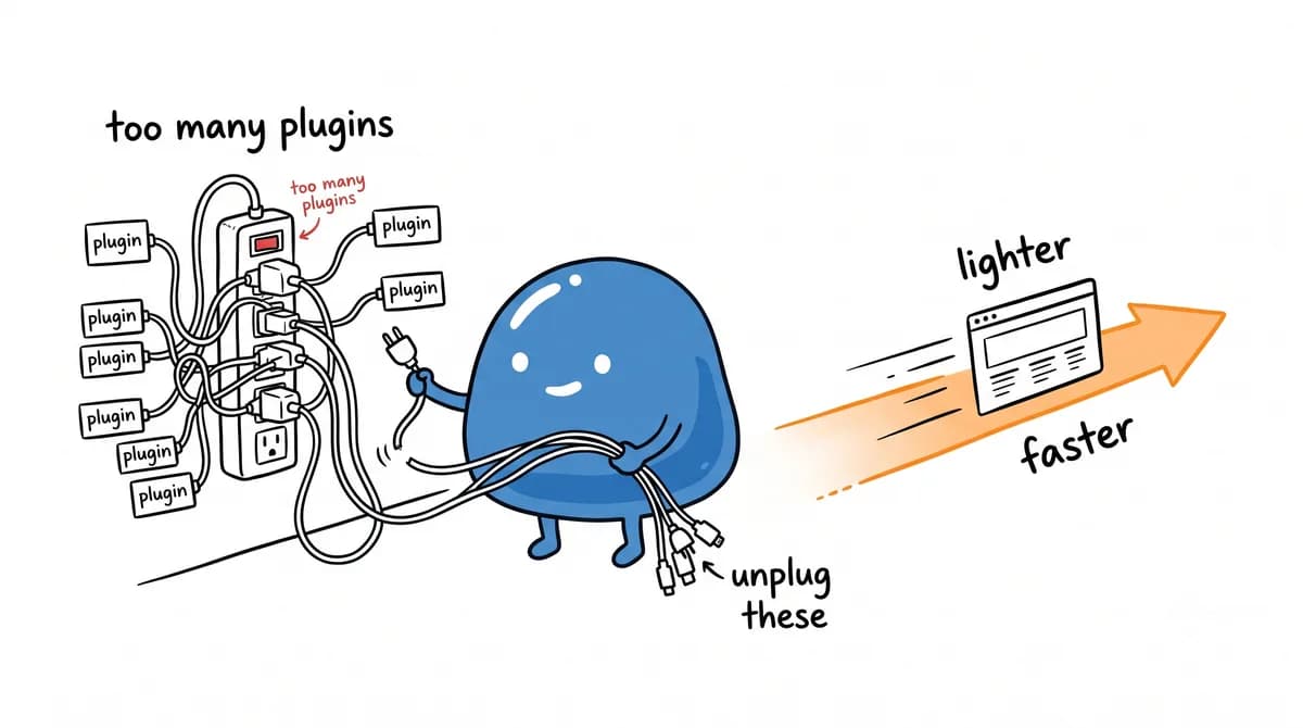 Bloop, a friendly blue slime, unplugging a tangle of cords labeled "plugin" from an overloaded power strip marked "too many plugins"; a website window speeds off on an orange arrow labeled "lighter" and "faster".