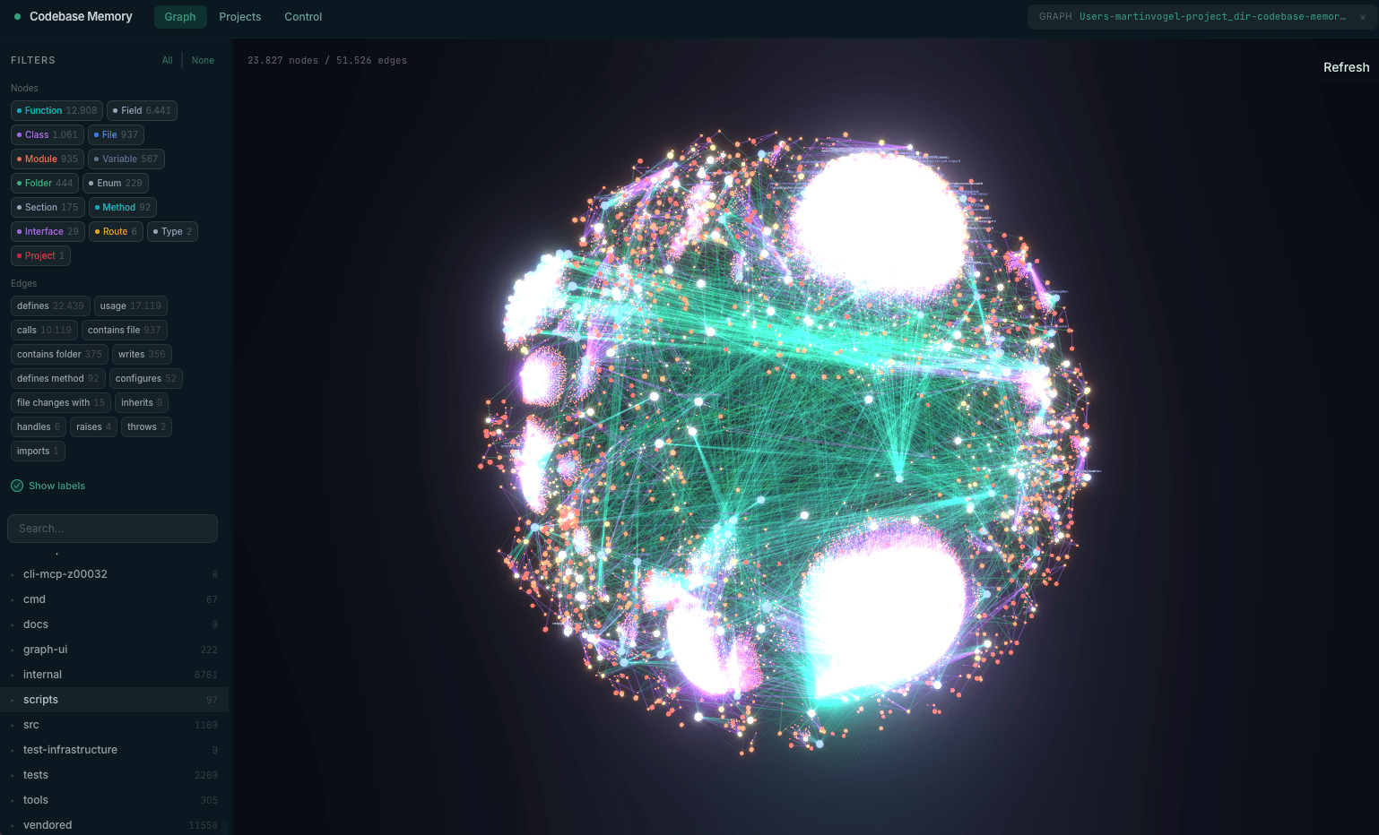 3D graph visualization of a codebase knowledge graph in the codebase-memory-mcp web UI